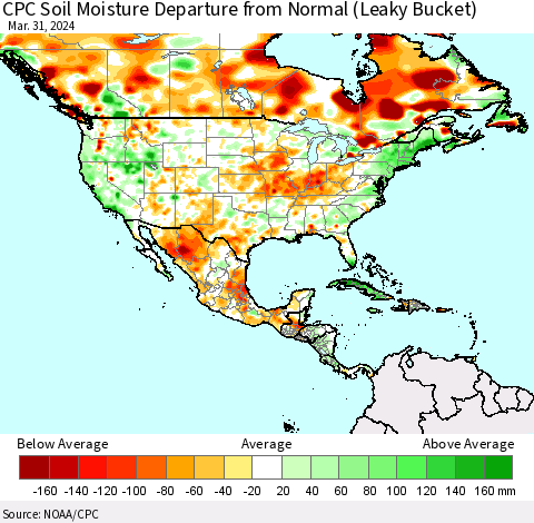 North America CPC Soil Moisture Departure from Normal (Leaky Bucket) Thematic Map For 3/26/2024 - 3/31/2024