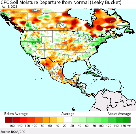 North America CPC Soil Moisture Departure from Normal (Leaky Bucket) Thematic Map For 4/1/2024 - 4/5/2024