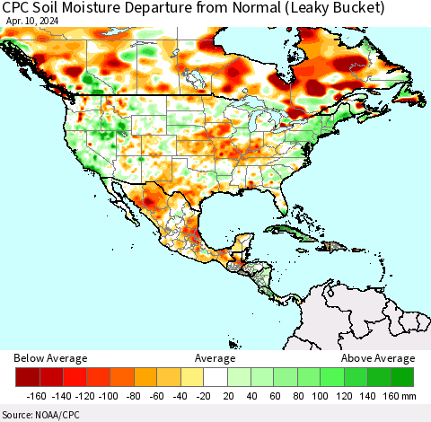 North America CPC Soil Moisture Departure from Normal (Leaky Bucket) Thematic Map For 4/6/2024 - 4/10/2024
