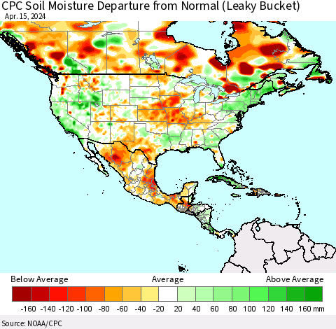 North America CPC Soil Moisture Departure from Normal (Leaky Bucket) Thematic Map For 4/11/2024 - 4/15/2024