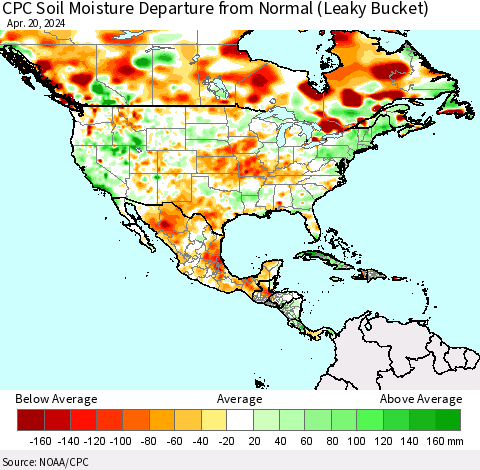 North America CPC Soil Moisture Departure from Normal (Leaky Bucket) Thematic Map For 4/16/2024 - 4/20/2024