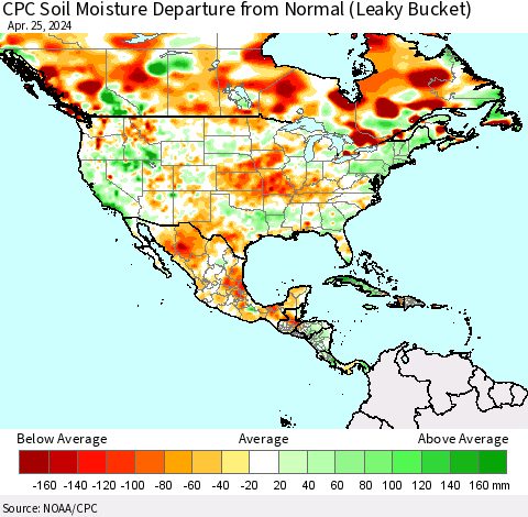 North America CPC Soil Moisture Departure from Normal (Leaky Bucket) Thematic Map For 4/21/2024 - 4/25/2024