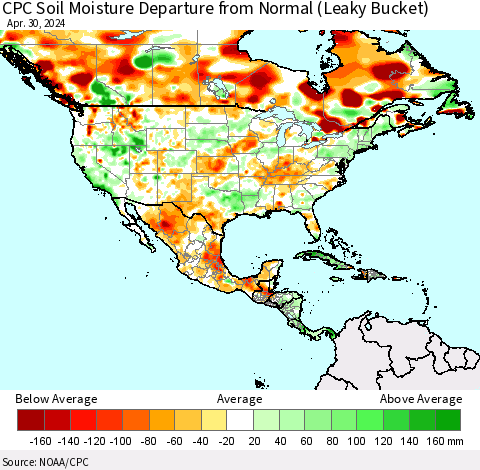 North America CPC Soil Moisture Departure from Normal (Leaky Bucket) Thematic Map For 4/26/2024 - 4/30/2024