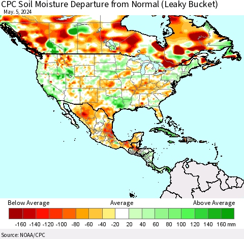 North America CPC Soil Moisture Departure from Normal (Leaky Bucket) Thematic Map For 5/1/2024 - 5/5/2024