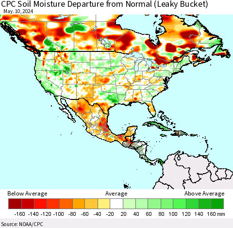 North America CPC Soil Moisture Departure from Normal (Leaky Bucket) Thematic Map For 5/6/2024 - 5/10/2024