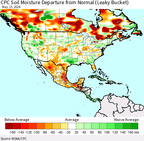 North America CPC Soil Moisture Departure from Normal (Leaky Bucket) Thematic Map For 5/11/2024 - 5/15/2024