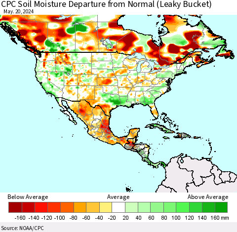 North America CPC Soil Moisture Departure from Normal (Leaky Bucket) Thematic Map For 5/16/2024 - 5/20/2024