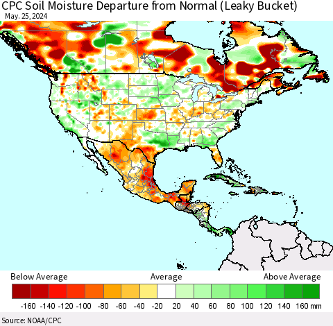 North America CPC Soil Moisture Departure from Normal (Leaky Bucket) Thematic Map For 5/21/2024 - 5/25/2024