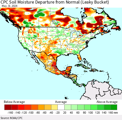 North America CPC Soil Moisture Departure from Normal (Leaky Bucket) Thematic Map For 5/26/2024 - 5/31/2024