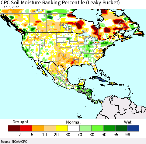 North America CPC Soil Moisture Ranking Percentile (Leaky Bucket) Thematic Map For 1/1/2022 - 1/5/2022