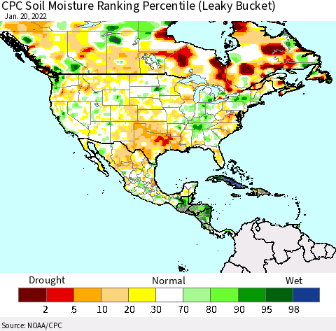 North America CPC Soil Moisture Ranking Percentile (Leaky Bucket) Thematic Map For 1/16/2022 - 1/20/2022