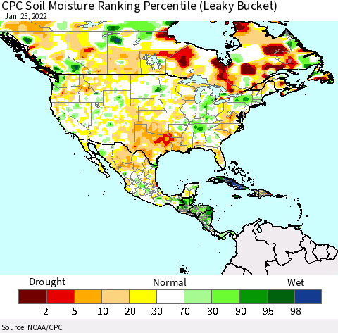 North America CPC Soil Moisture Ranking Percentile (Leaky Bucket) Thematic Map For 1/21/2022 - 1/25/2022