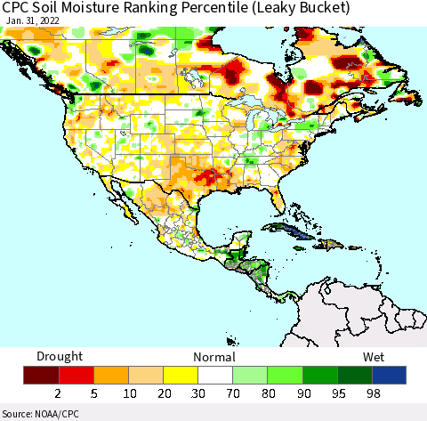 North America CPC Soil Moisture Ranking Percentile (Leaky Bucket) Thematic Map For 1/26/2022 - 1/31/2022