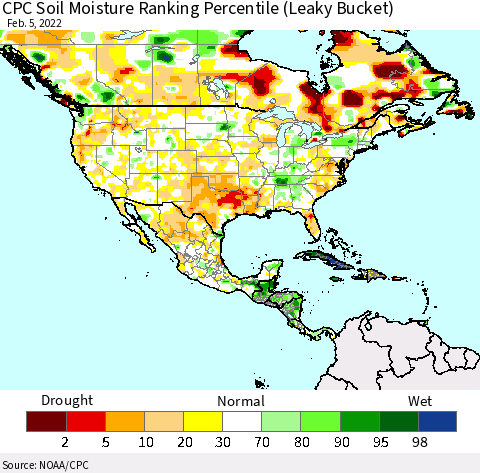 North America CPC Soil Moisture Ranking Percentile (Leaky Bucket) Thematic Map For 2/1/2022 - 2/5/2022