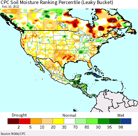 North America CPC Soil Moisture Ranking Percentile (Leaky Bucket) Thematic Map For 2/6/2022 - 2/10/2022