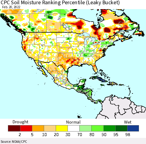 North America CPC Soil Moisture Ranking Percentile (Leaky Bucket) Thematic Map For 2/16/2022 - 2/20/2022