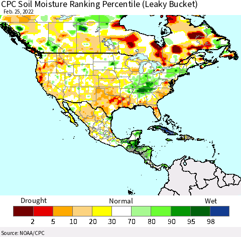 North America CPC Soil Moisture Ranking Percentile (Leaky Bucket) Thematic Map For 2/21/2022 - 2/25/2022