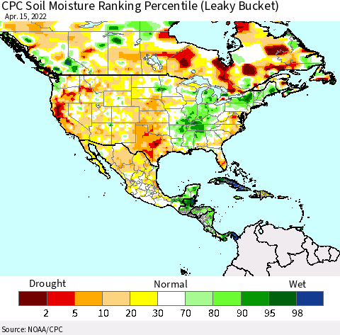 North America CPC Soil Moisture Ranking Percentile (Leaky Bucket) Thematic Map For 4/11/2022 - 4/15/2022
