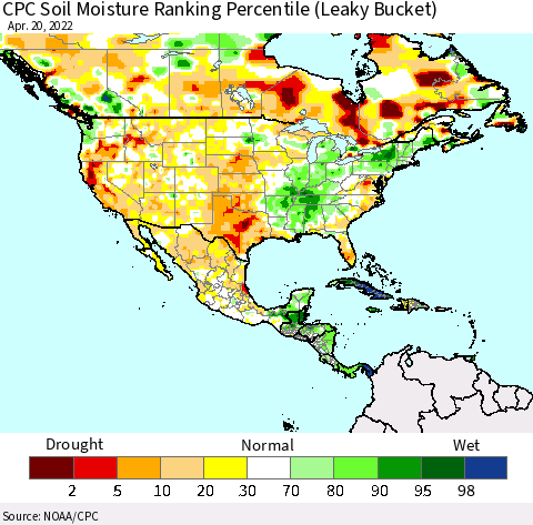 North America CPC Soil Moisture Ranking Percentile (Leaky Bucket) Thematic Map For 4/16/2022 - 4/20/2022
