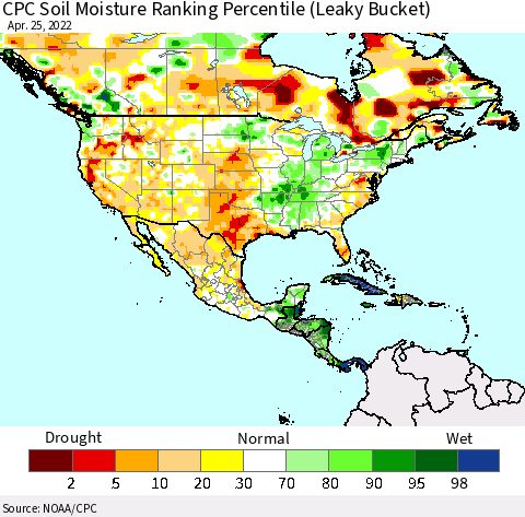 North America CPC Soil Moisture Ranking Percentile (Leaky Bucket) Thematic Map For 4/21/2022 - 4/25/2022