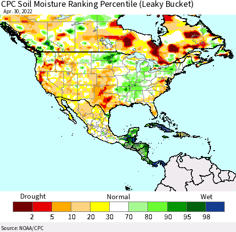 North America CPC Soil Moisture Ranking Percentile (Leaky Bucket) Thematic Map For 4/26/2022 - 4/30/2022