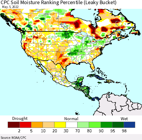 North America CPC Soil Moisture Ranking Percentile (Leaky Bucket) Thematic Map For 5/1/2022 - 5/5/2022