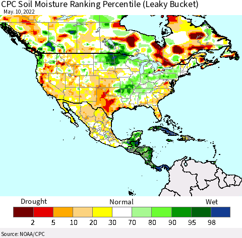 North America CPC Soil Moisture Ranking Percentile (Leaky Bucket) Thematic Map For 5/6/2022 - 5/10/2022