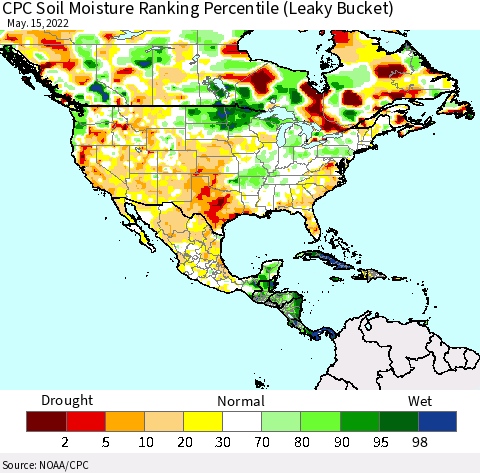 North America CPC Soil Moisture Ranking Percentile (Leaky Bucket) Thematic Map For 5/11/2022 - 5/15/2022