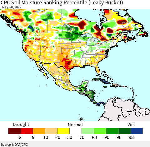 North America CPC Soil Moisture Ranking Percentile (Leaky Bucket) Thematic Map For 5/16/2022 - 5/20/2022