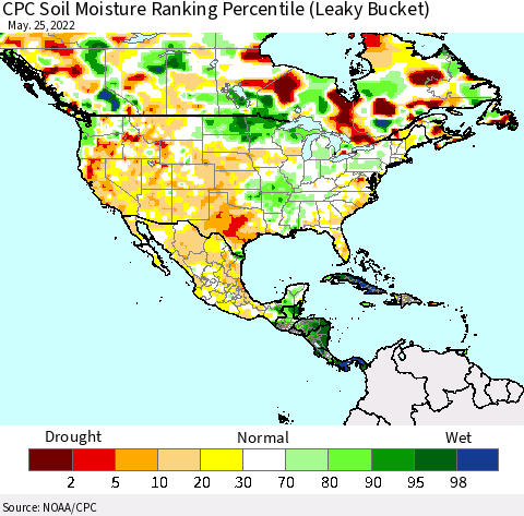 North America CPC Soil Moisture Ranking Percentile (Leaky Bucket) Thematic Map For 5/21/2022 - 5/25/2022