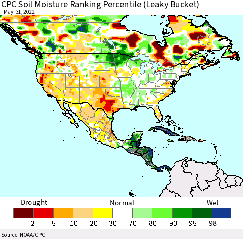 North America CPC Soil Moisture Ranking Percentile (Leaky Bucket) Thematic Map For 5/26/2022 - 5/31/2022