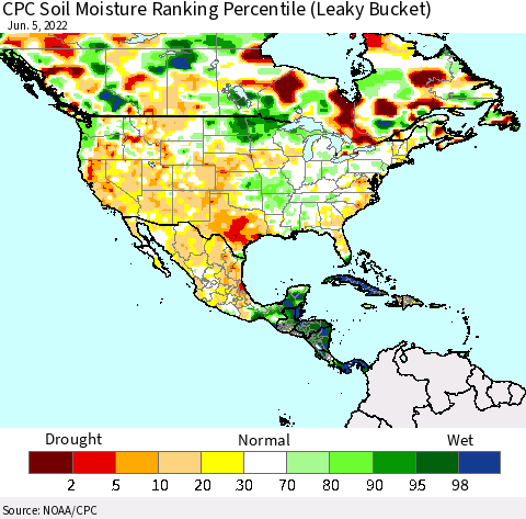 North America CPC Soil Moisture Ranking Percentile (Leaky Bucket) Thematic Map For 6/1/2022 - 6/5/2022