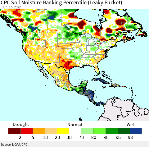 North America CPC Soil Moisture Ranking Percentile (Leaky Bucket) Thematic Map For 6/11/2022 - 6/15/2022
