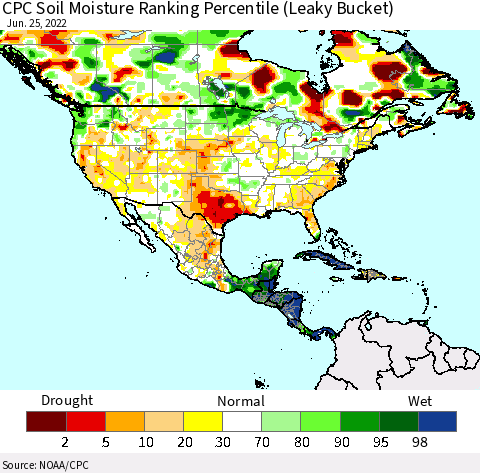North America CPC Soil Moisture Ranking Percentile (Leaky Bucket) Thematic Map For 6/21/2022 - 6/25/2022