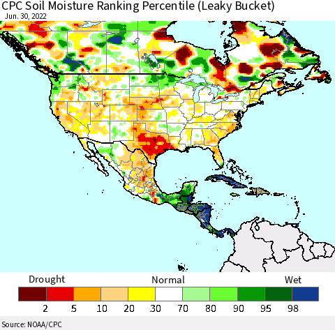 North America CPC Soil Moisture Ranking Percentile (Leaky Bucket) Thematic Map For 6/26/2022 - 6/30/2022