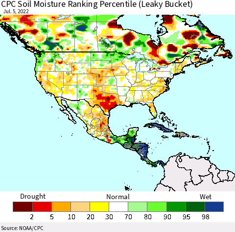 North America CPC Soil Moisture Ranking Percentile (Leaky Bucket) Thematic Map For 7/1/2022 - 7/5/2022