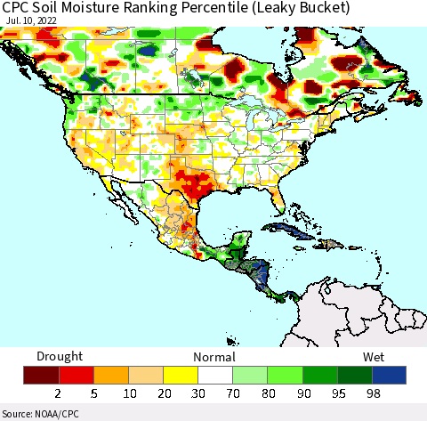North America CPC Soil Moisture Ranking Percentile (Leaky Bucket) Thematic Map For 7/6/2022 - 7/10/2022