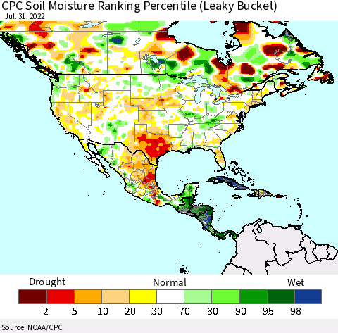 North America CPC Soil Moisture Ranking Percentile (Leaky Bucket) Thematic Map For 7/26/2022 - 7/31/2022