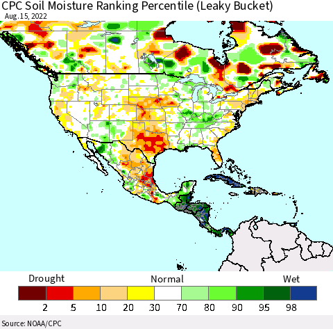 North America CPC Soil Moisture Ranking Percentile (Leaky Bucket) Thematic Map For 8/11/2022 - 8/15/2022