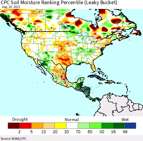 North America CPC Soil Moisture Ranking Percentile (Leaky Bucket) Thematic Map For 8/16/2022 - 8/20/2022