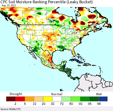 North America CPC Soil Moisture Ranking Percentile (Leaky Bucket) Thematic Map For 8/21/2022 - 8/25/2022