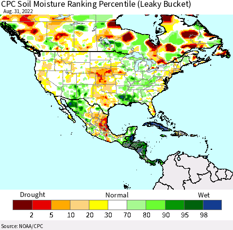 North America CPC Soil Moisture Ranking Percentile (Leaky Bucket) Thematic Map For 8/26/2022 - 8/31/2022