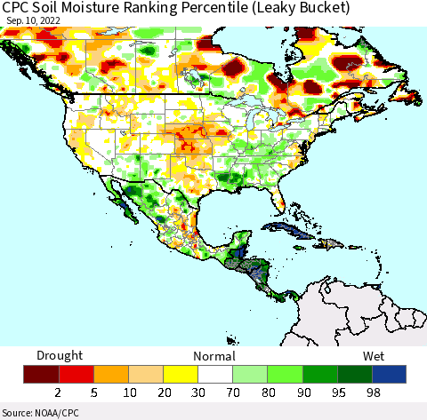 North America CPC Soil Moisture Ranking Percentile (Leaky Bucket) Thematic Map For 9/6/2022 - 9/10/2022