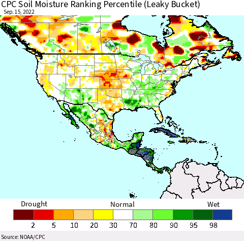 North America CPC Soil Moisture Ranking Percentile (Leaky Bucket) Thematic Map For 9/11/2022 - 9/15/2022
