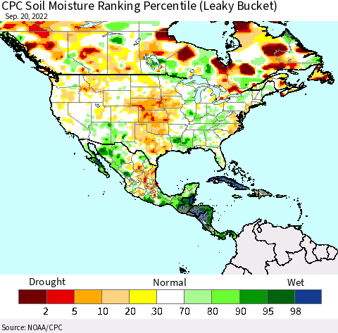 North America CPC Soil Moisture Ranking Percentile (Leaky Bucket) Thematic Map For 9/16/2022 - 9/20/2022