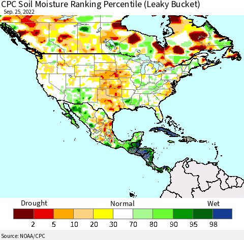 North America CPC Soil Moisture Ranking Percentile (Leaky Bucket) Thematic Map For 9/21/2022 - 9/25/2022
