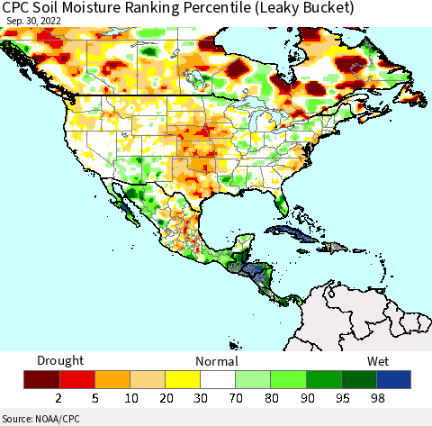 North America CPC Soil Moisture Ranking Percentile (Leaky Bucket) Thematic Map For 9/26/2022 - 9/30/2022