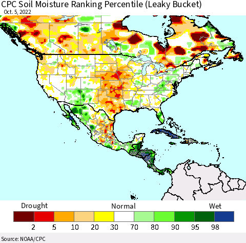 North America CPC Soil Moisture Ranking Percentile (Leaky Bucket) Thematic Map For 10/1/2022 - 10/5/2022