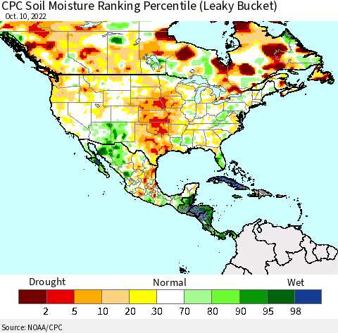 North America CPC Soil Moisture Ranking Percentile (Leaky Bucket) Thematic Map For 10/6/2022 - 10/10/2022