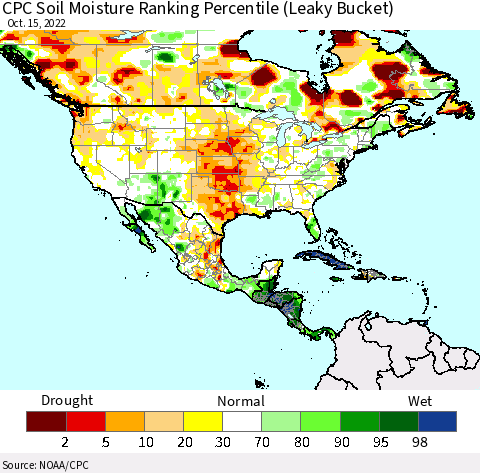 North America CPC Soil Moisture Ranking Percentile (Leaky Bucket) Thematic Map For 10/11/2022 - 10/15/2022